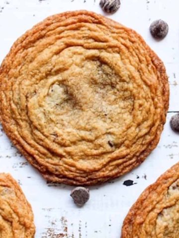 Close up of chocolate chip cookie on white background