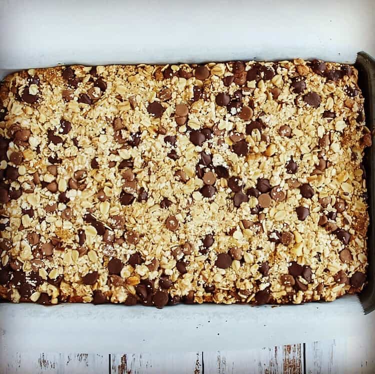 Chocolate peanut butter bars just baked in pan
