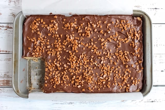 chocolate toffee bars in baking pan