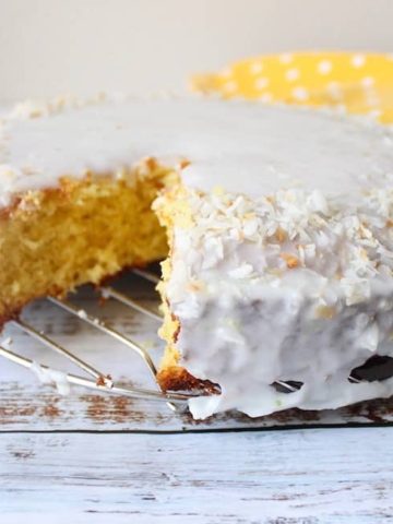 Cake on a white background with yellow napkin
