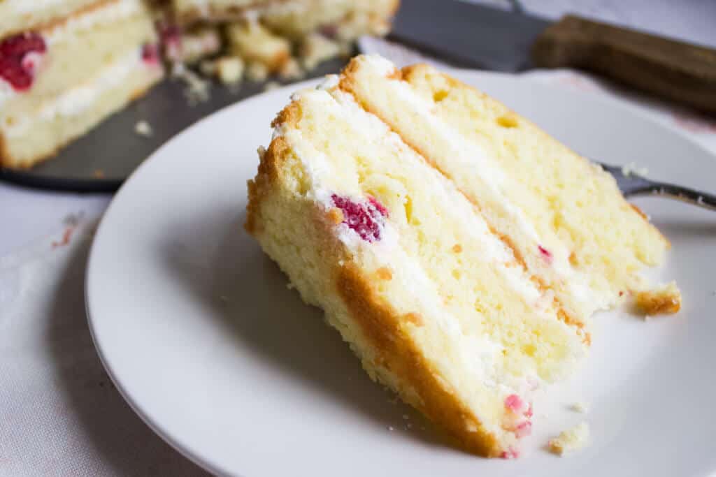 single slice of summer raspberry cake on a white plate