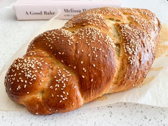 baked braided challah loaf
