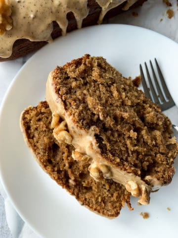2 slices of coffee walnut loaf on white plate
