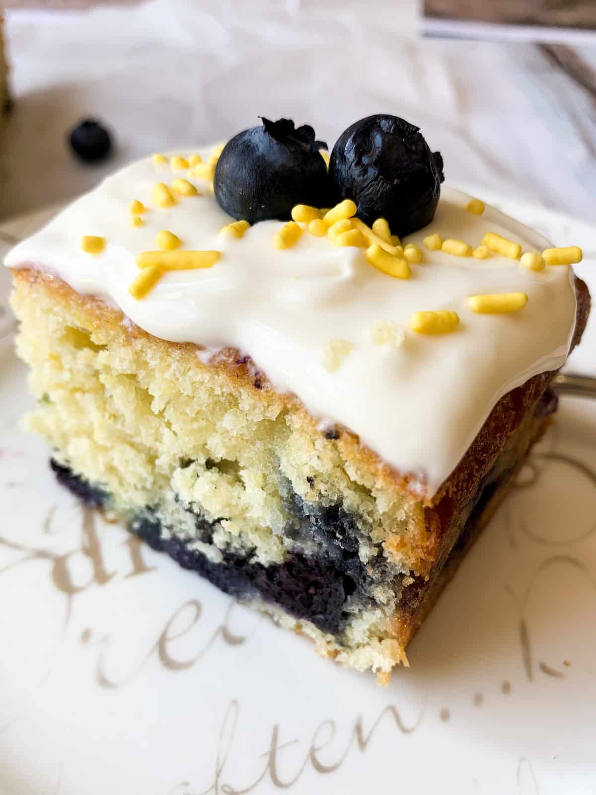 blueberry cake slice up close