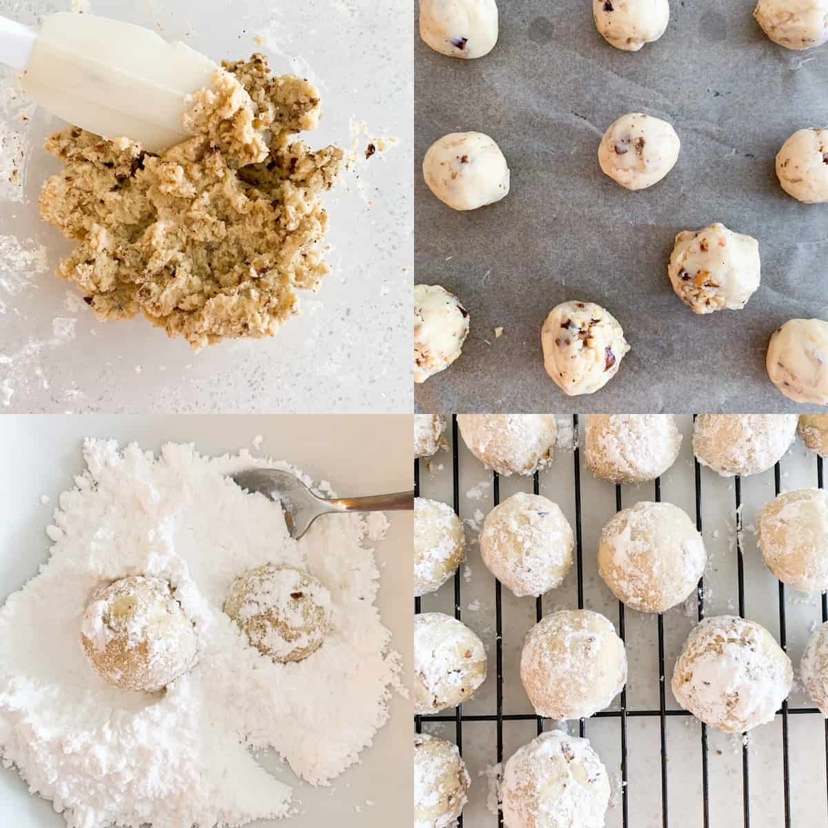 A collage of mixing and rolling the dough. Then rolling baked cookies in powdered sugar. 