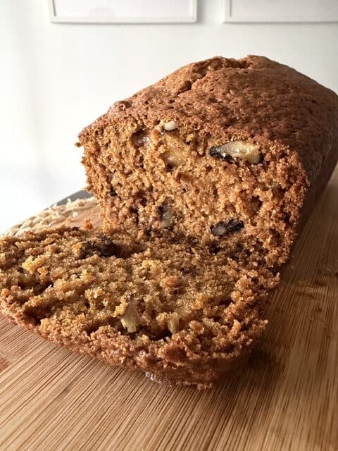 Inside of pumpkin bread with walnuts