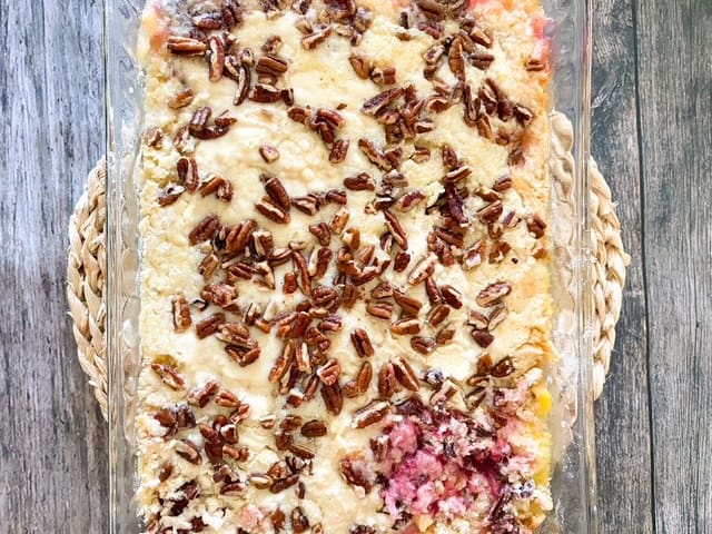 baked six layer cake in a glass dish