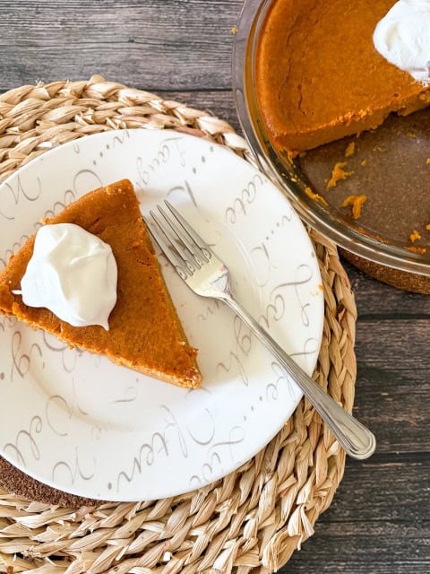 image shows slice of pie on a white plate sitting beside the large pie plate.