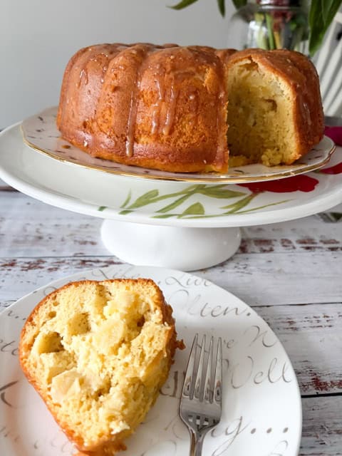 sliced apple cake on white plate